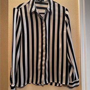 Women’s Black and White Striped Button-Up Shirt
